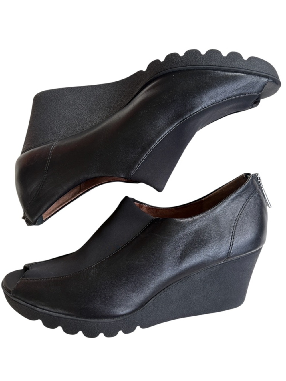 EUC Donald J. Pliner Leather Peep Toe Wedges Black Size 9.5